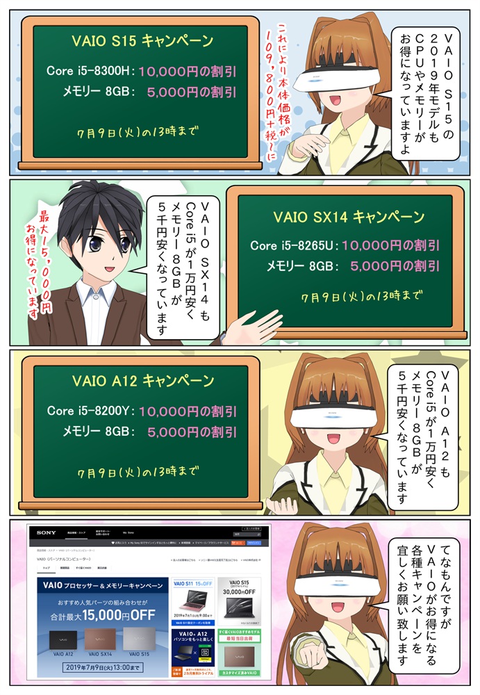 VAIO S15、VAIO SX14、VAIO A12 は各Core i5が1万円、メモリー 8GBが5千円安くなっています。