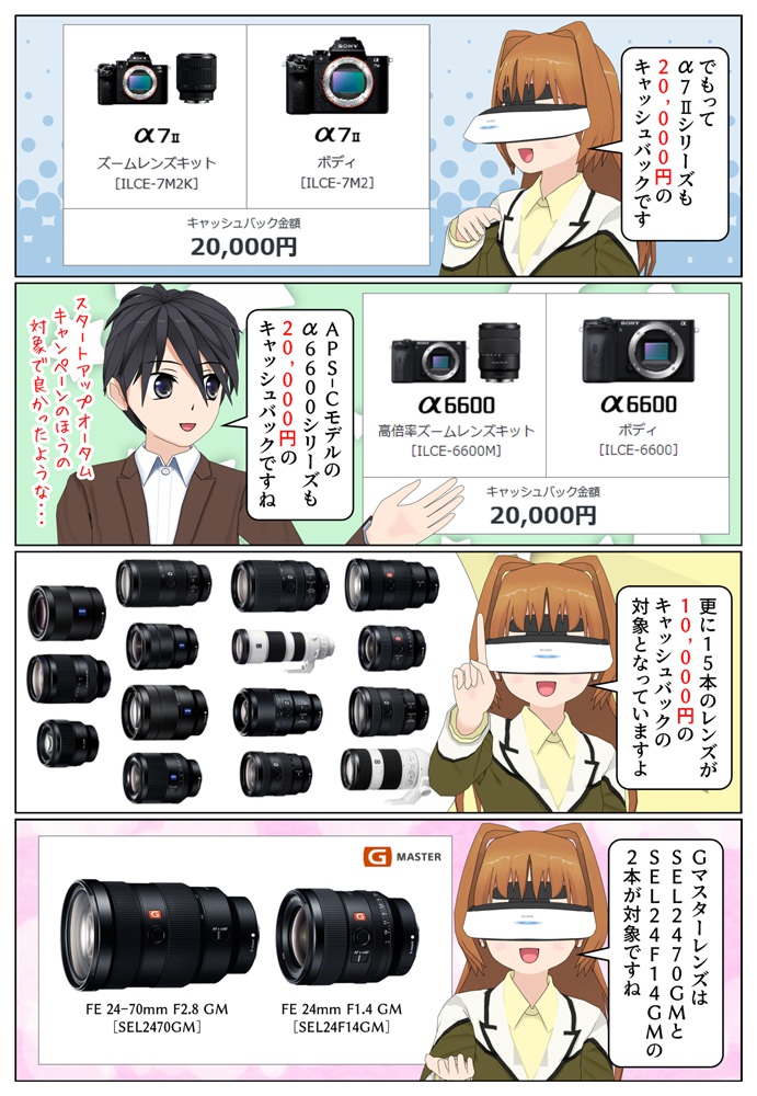 α9とα7RIVとα7RIIIが3万円、α7IIIとα7II、α6600シリーズが2万円のキャッシュバックです