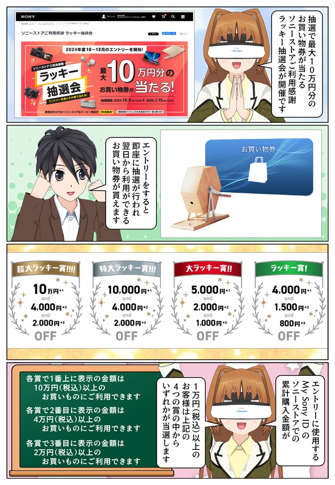 最大10万円お得になるソニーストアご利用感謝ラッキー抽選会が開催