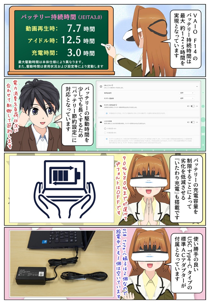 VAIO F14のバッテリー持続時間と劣化を防止するいたわり充電機能