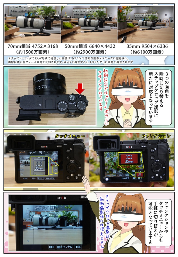 DSC-RX1RM3は3つの画角を瞬時に切り替えるステップクロップ撮影に対応