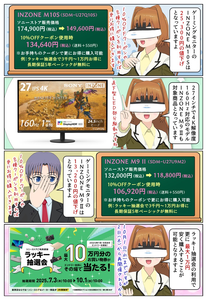 ソニーのゲーミングモニター INZONE M10S/M9II が期間限定で値下げ