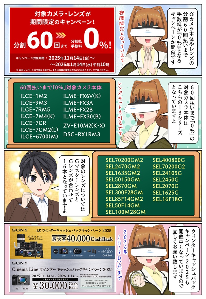 ソニーの「α」カメラ本体とレンズが60回払いまで分割手数料が0%のキャンペーンが開催