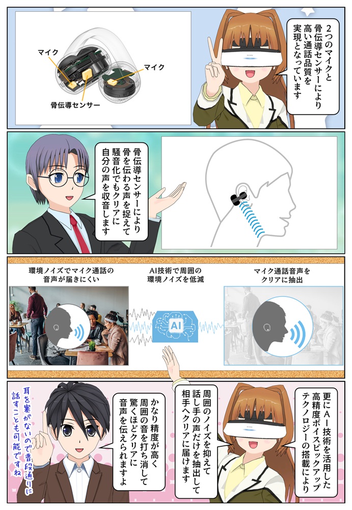 LinkBuds Clipは2つのマイクと骨伝導センサーにより高い通話品質を実現