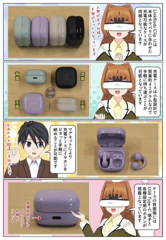 LinkBuds Clipは本体のカラバリに合わせた充電ケースが同梱