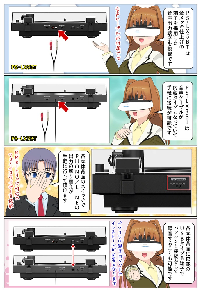ステレオレコードプレーヤー PS-LX5BTとPS-LX3BTはパソコンと接続をして録音が可能
