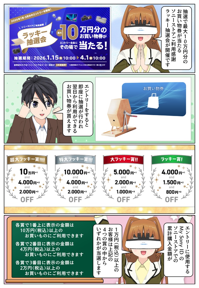 最大10万円お得になるソニーストアご利用感謝ラッキー抽選会が開催