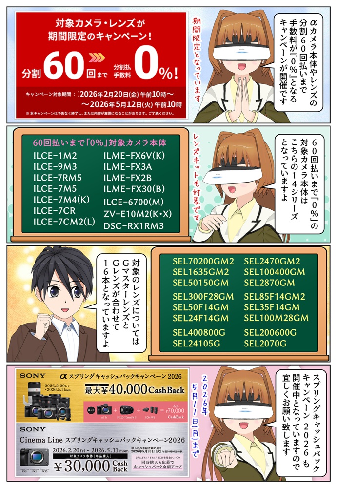 ソニーの「α」カメラ本体とレンズが60回払いまで分割手数料が0%のキャンペーンが開催