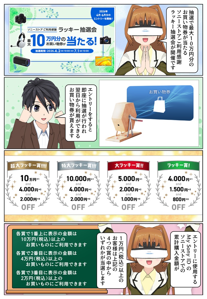 最大10万円お得になるソニーストアご利用感謝ラッキー抽選会が開催
