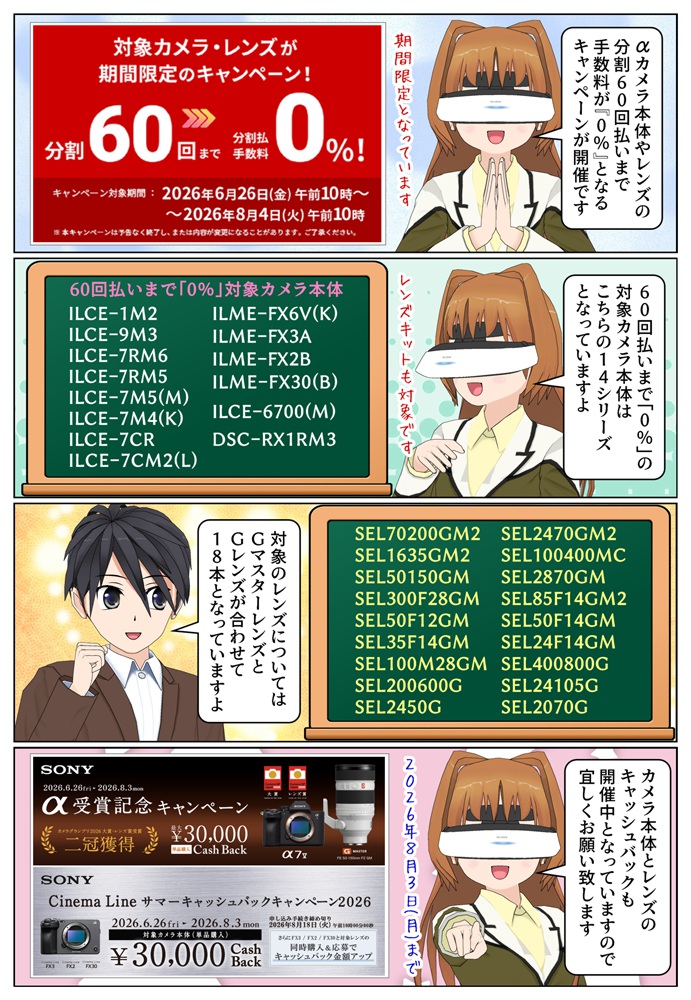 ソニーの「α」カメラ本体とレンズが60回払いまで分割手数料が0%のキャンペーンが開催
