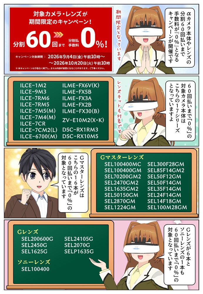 ソニーの「α」カメラ本体とレンズが60回払いまで分割手数料が0%のキャンペーンが開催